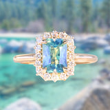 1.70ct Untreated Radiant Cut Vibrant Teal Green Sapphire Antique-Style Diamond Halo Ring in 14 Yellow Gold