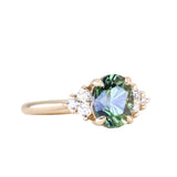 2.30ct Oval Deep Green and Teal Sapphire and Diamond Cluster Ring in 14k Yellow Gold