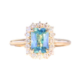 1.70ct Untreated Radiant Cut Vibrant Teal Green Sapphire Antique-Style Diamond Halo Ring in 14 Yellow Gold