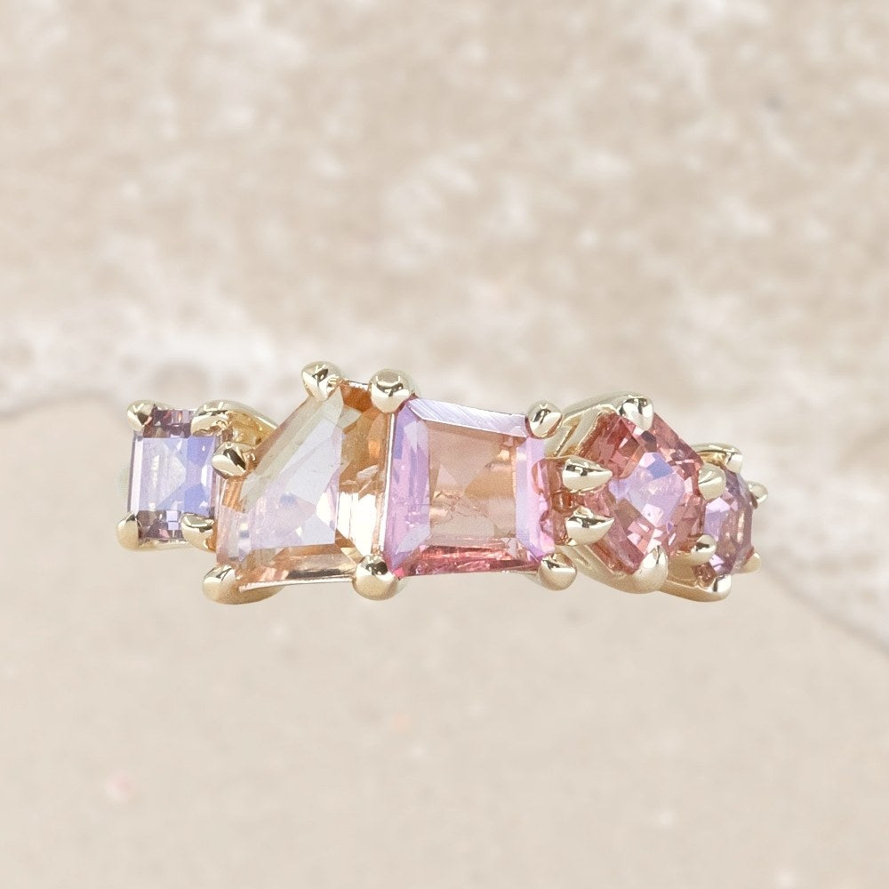 Peach and Pink Tourmaline and Spinel Mosaic Ring in 14k Yellow
