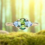 1.61ct Oval Madagascar Parti Sapphire and Trillion Sapphire Three Stone Low Profile Ring in 14k Yellow Gold