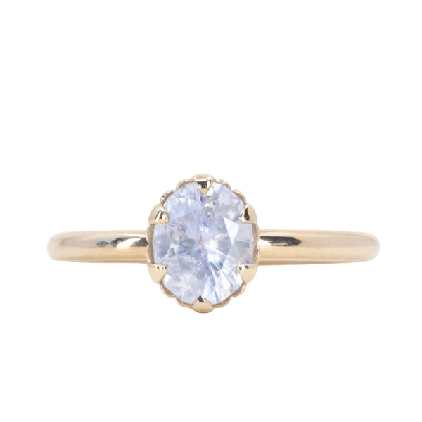 1.30ct Oval Silky White-Grey Oval Precision Cut Montana Sapphire Scallop Cup Solitaire in 14k Yellow Gold