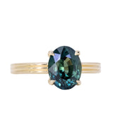 3.59ct Oval Deep Teal Madagascar Sapphire Low Profile Tri-Band "Three Winds" 4 Prong Solitaire in 14k Yellow Gold