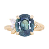 4.42ct Oval Blue Madagascar Sapphire in Wandering Vine Low Profile 4 Prong Setting with Diamonds in 14k Yellow Gold