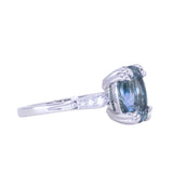 3.94ct Oval Unheated Deep Teal Blue Australian Sapphire Double Claw Prong Low Profile Milgrain and Diamond Ring in Platinum