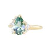 2.35ct Teal Blue Grey Untreated Pear Montana Sapphire and Diamond Asymmetrical Cluster Ring in 18k Yellow Gold
