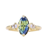 1.85ct Parti Australian Fantasy Cut Sapphire and White Australian Kite Sapphire Antique Milgrain Three Stone Low Profile Ring in 18k Yellow Gold