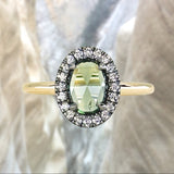 1.20ct Rosecut Oval Australian Green Sapphire and Antiqued Diamond Halo ring in 14k Yellow Gold