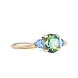 1.61ct Oval Madagascar Parti Sapphire and Trillion Sapphire Three Stone Low Profile Ring in 14k Yellow Gold