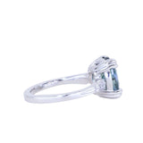 3.94ct Oval Unheated Deep Teal Blue Australian Sapphire Double Claw Prong Low Profile Milgrain and Diamond Ring in Platinum