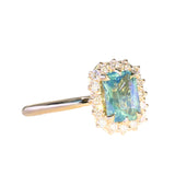 1.70ct Untreated Radiant Cut Vibrant Teal Green Sapphire Antique-Style Diamond Halo Ring in 14 Yellow Gold