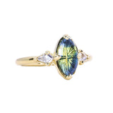 1.85ct Parti Australian Fantasy Cut Sapphire and White Australian Kite Sapphire Antique Milgrain Three Stone Low Profile Ring in 18k Yellow Gold