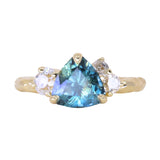 2.17ct Trillion Teal Blue Untreated Montana Sapphire and Antique Diamond Mountainscape Ring in 18k Yellow Gold