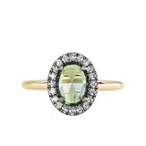 1.20ct Rosecut Oval Australian Green Sapphire and Antiqued Diamond Halo ring in 14k Yellow Gold