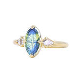 1.85ct Parti Australian Fantasy Cut Sapphire and White Australian Kite Sapphire Antique Milgrain Three Stone Low Profile Ring in 18k Yellow Gold