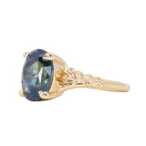 4.42ct Oval Blue Madagascar Sapphire in Wandering Vine Low Profile 4 Prong Setting with Diamonds in 14k Yellow Gold