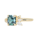 1.65ct Teal Blue Radiant Cut Madagascar Sapphire in Wandering Vine Low Profile 4 Prong Setting with Diamonds in 14k Yellow