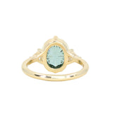 3.05ct Untreated Fantasy Cut Green Sapphire and Diamond Three Stone Antique Compass Style Low Profile Ring in 18k Yellow Gold