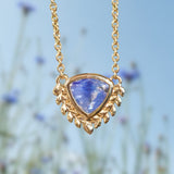 2.54ct Untreated Sri Lankan Trillion Sapphire Vine Frame Necklace in 14k Yellow Gold