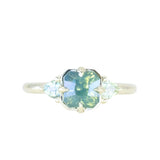 2.22ct Opalescent Square Radiant Madagascar Sapphire and Trillion Sapphire Antique Compass Set Low Profile Ring in 14k Green Gold