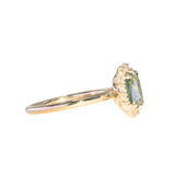 1.70ct Untreated Radiant Cut Vibrant Teal Green Sapphire Antique-Style Diamond Halo Ring in 14 Yellow Gold