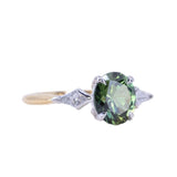 2.15ct Oval Australian Sapphire and Natural Kite Diamond Three Stone Ring in Two Tone 18k Yellow and Platinum