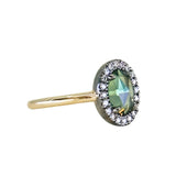 1.20ct Rosecut Oval Australian Green Sapphire and Antiqued Diamond Halo ring in 14k Yellow Gold