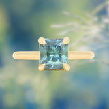 2.67ct Untreated Radiant Cut Montana Sapphire Four Prong Cathedral Solitaire in 18k Yellow Gold