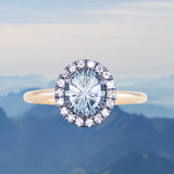 1.40ct Fantasy Carved Untreated Montana Sapphire and Antiqued Diamond Halo ring in 14k Yellow Gold