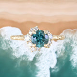 1.15ct Round Teal Montana Sapphire and Diamond Asymmetrical Cluster Ring in 14k Yellow gold with Evergreen Texture