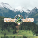 0.92ct Untreated Round Australian Parti Sapphire Low Profile 4 Prong Vine Solitaire with Diamonds in 18k Yellow