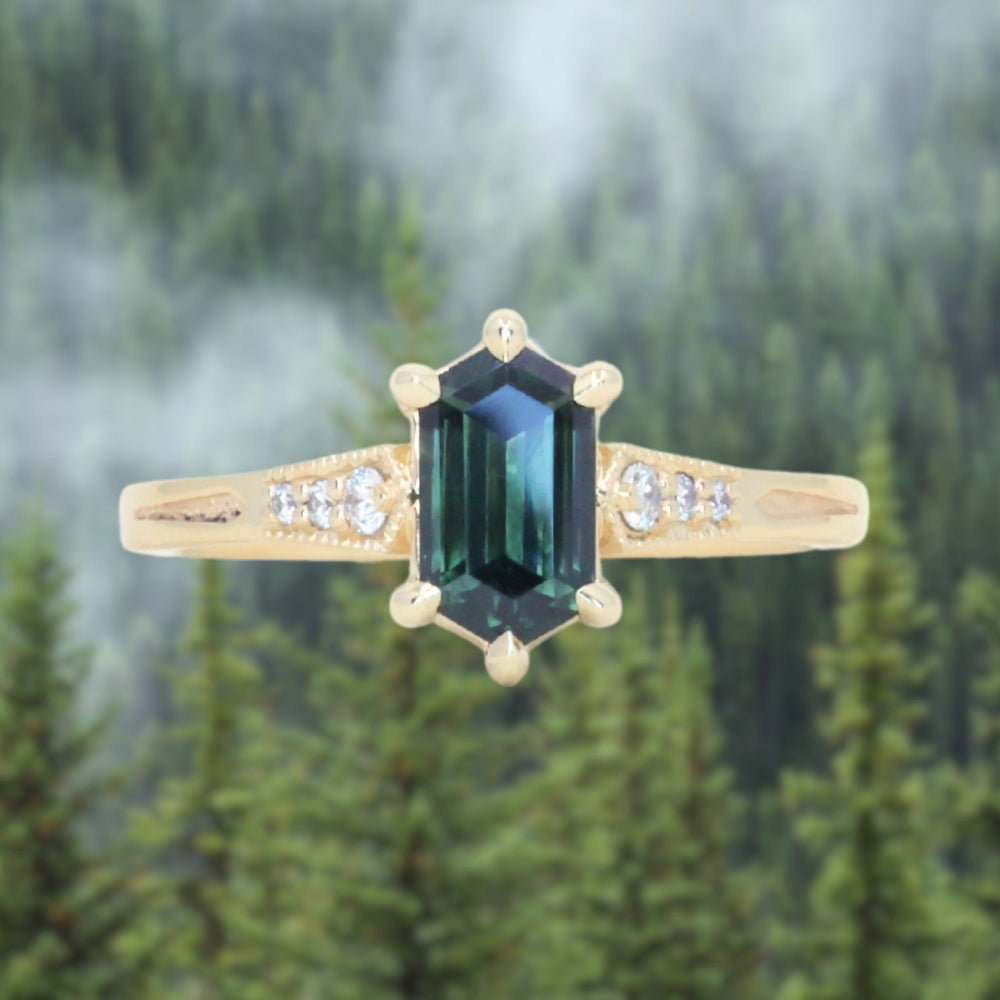 1.59ct Green Hexagon Madagascar Sapphire and Diamond Vintage