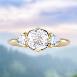 0.96ct Antique Old Mine Cut Diamond and Trillion Seafoam Montana Sapphire Antique Style Compass Set Low Profile Ring with Milgrain in 18k Yellow Gold
