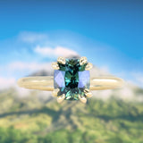 2.45ct Untreated Cushion Cut Deep Teal Sapphire Cathedral Double Prong Solitaire in 18k Yellow Gold