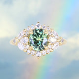 1.49ct Elongated Cushion Cut Montana Sapphire and Diamond Floral Halo in 18k Yellow Gold