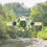 1.86ct Emerald Cut Parti Madagascar Sapphire and Trillion Sapphire Compass Set Low Profile Ring in 18k Yellow Gold
