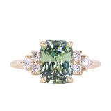 3.53ct Blue Green Untreated Radiant Cut Sapphire and Diamond Cluster Ring in 14k Yellow Gold