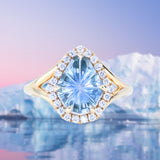 2.34ct Fantasy Cut Carved Shield Montana Sapphire Low Profile Split Shank Halo Ring in 14k Yellow Gold