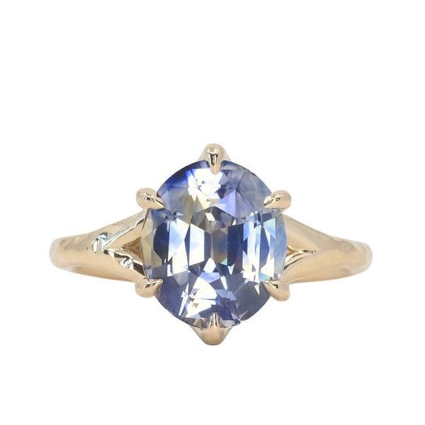 4.0ct Bicolor Parti Oval Sapphire Low Profile Six Prong Split Shank Evergreen Solitaire in 14k Yellow Gold
