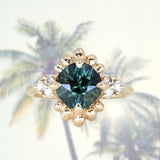 3.10ct Cushion Cut Untreated Umba Teal Green Sapphire Scalloped Diamond Cluster Ring in 14k Yellow Gold