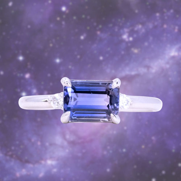 1.58ct Untreated Purple Tanzanian Emerald Cut Sapphire East-West Parti Sapphire and Diamond Low Profile Ring in 14k White Gold