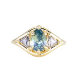 2.07ct Untreated Glowy Teal Madagascar Pear Sapphire and Trillion Grey Diamonds Low Profile Three Stone Ring in 18k Yellow Gold