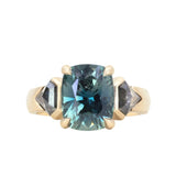 24 HOUR HOLD - 4.86ct Teal Elongated Cushion Sapphire and Salt and Pepper Diamond Three Stone Ring in 14k Yellow