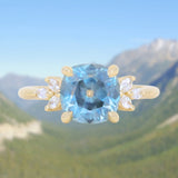 3.38ct Untreated Montana Sapphire Cushion Cut Marquise Diamond Cluster Ring in 18k Yellow Gold