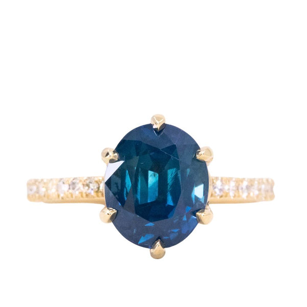 4.02ct Oval Blue Madagascar Sapphire Lotus Six Prong Solitaire with Diamonds in 14k Yellow Gold