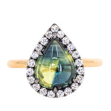 3.83ct Pear Cabochon Australian Sapphire and Blackened Halo ring in 18k Yellow Gold