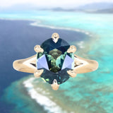 4.07ct Oval Deep Teal Sapphire Low Profile Six Prong Split Shank Solitaire in 14k Yellow Gold