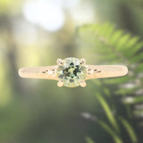 0.79ct Round Light Green Montana Sapphire Low Profile Four Prong Spring Bloom Solitaire in 14k Yellow Gold