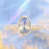 2.01ct Untreated Opalescent Oval Sapphire Low Profile Bezel Solitaire Ring with Pavé Set Diamonds in 14k Yellow Gold
