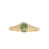 0.71ct Oval Green Precision Cut Montana Sapphire Low Profile 4 Prong Signet Solitaire in 14k Yellow Gold